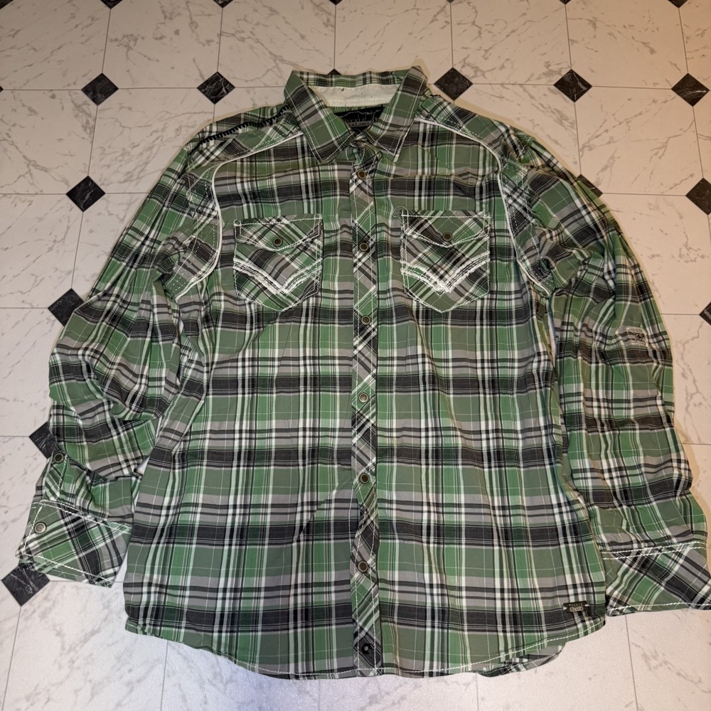 Buckle Black Label Plaid Western Snap Button-Up Shirt Green‎ Men's Large